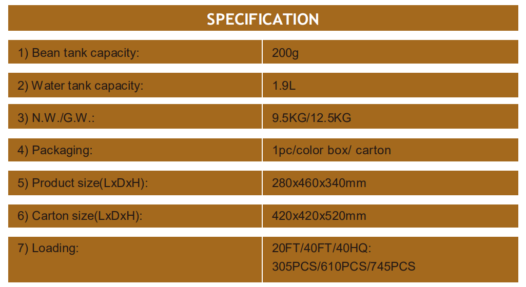 NESPRESSO coffee machine specification